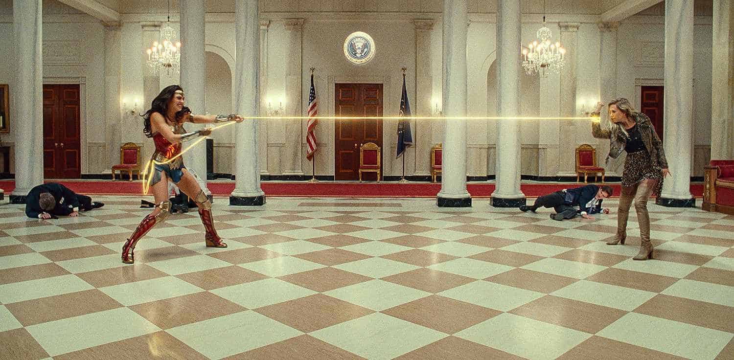 Wonder Woman and Cheetah face off in a hallway at the White House in this image from DC Entertainment