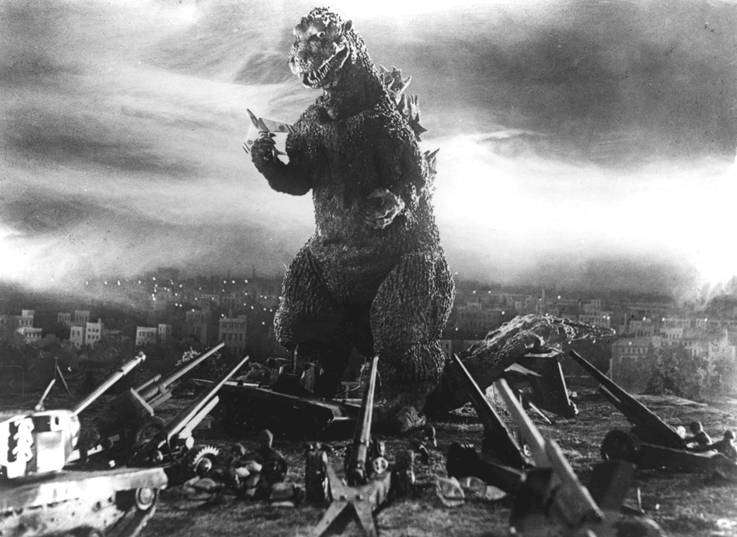 Tanks pointed at Godzilla in this image from Toho Co., Ltd.