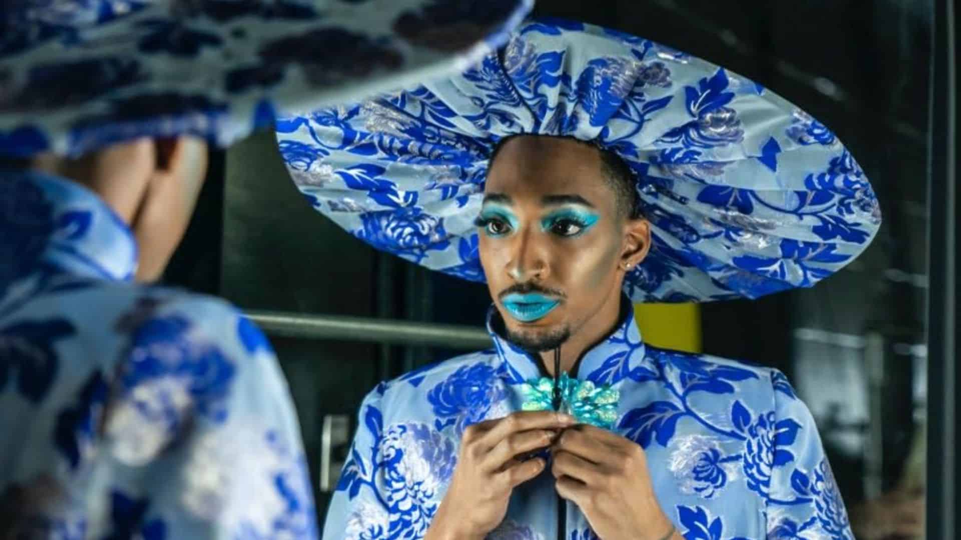  A close-up of Isaiah Wilder in a blue and white costume in this image from Scout Productions.