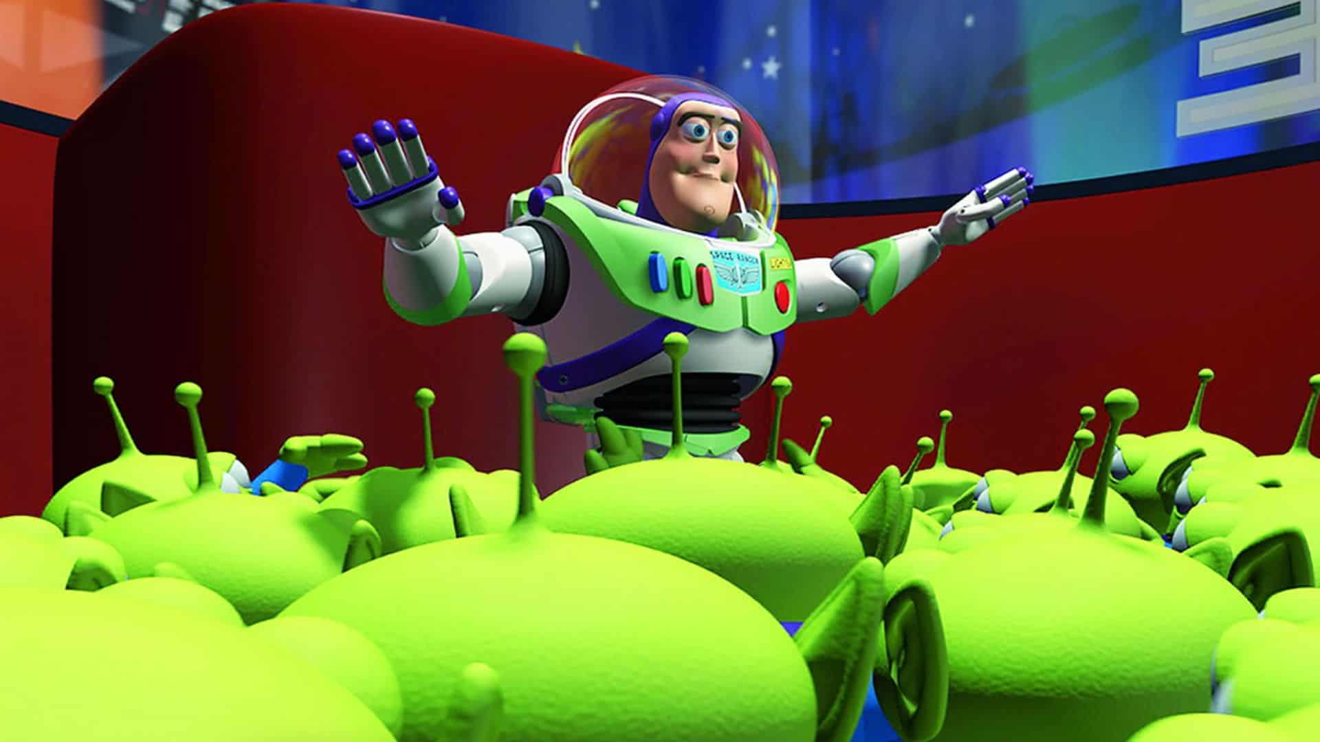 Buzz Lightyear with the aliens in this image from Pixar.