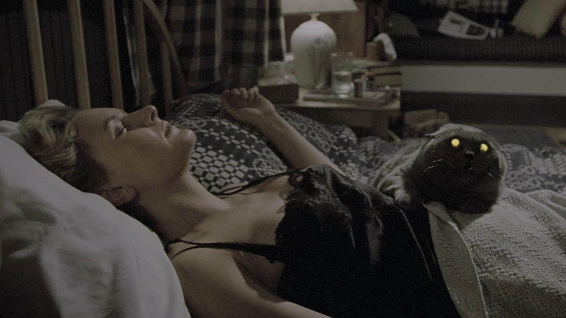 A woman sleeps in bed with a gray cat in this image from Paramount Pictures