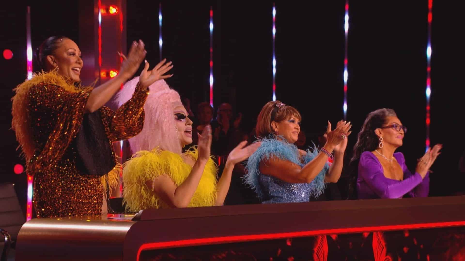 Mel B, Trixie Mattel, Vanessa Williams, and Michelle Visage applaud a performer in this image from World of Wonder.