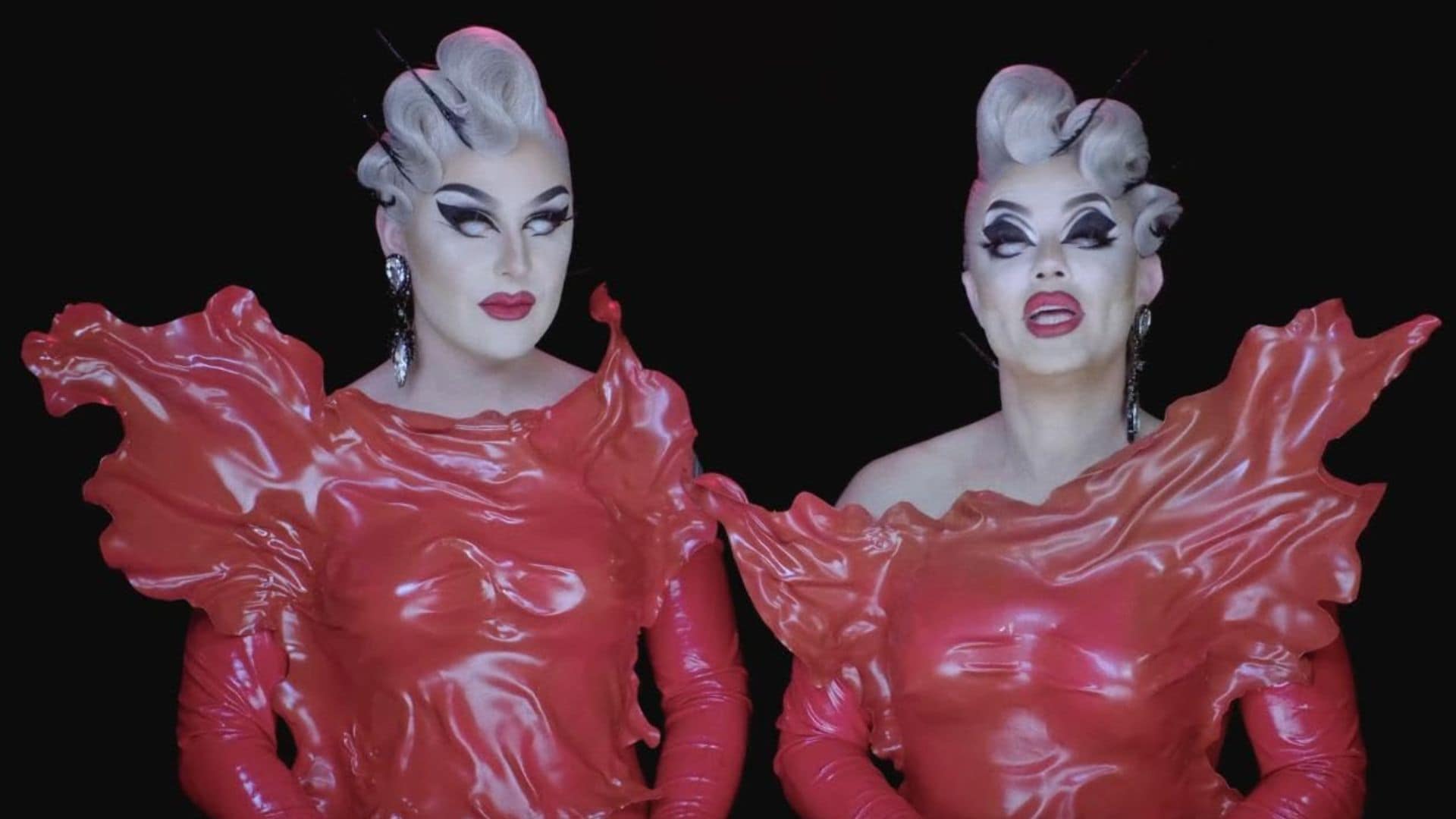 Swanthula Boulet and Dracmorda Boulet in red latex gowns in this image from Boulet Brothers Productions.
