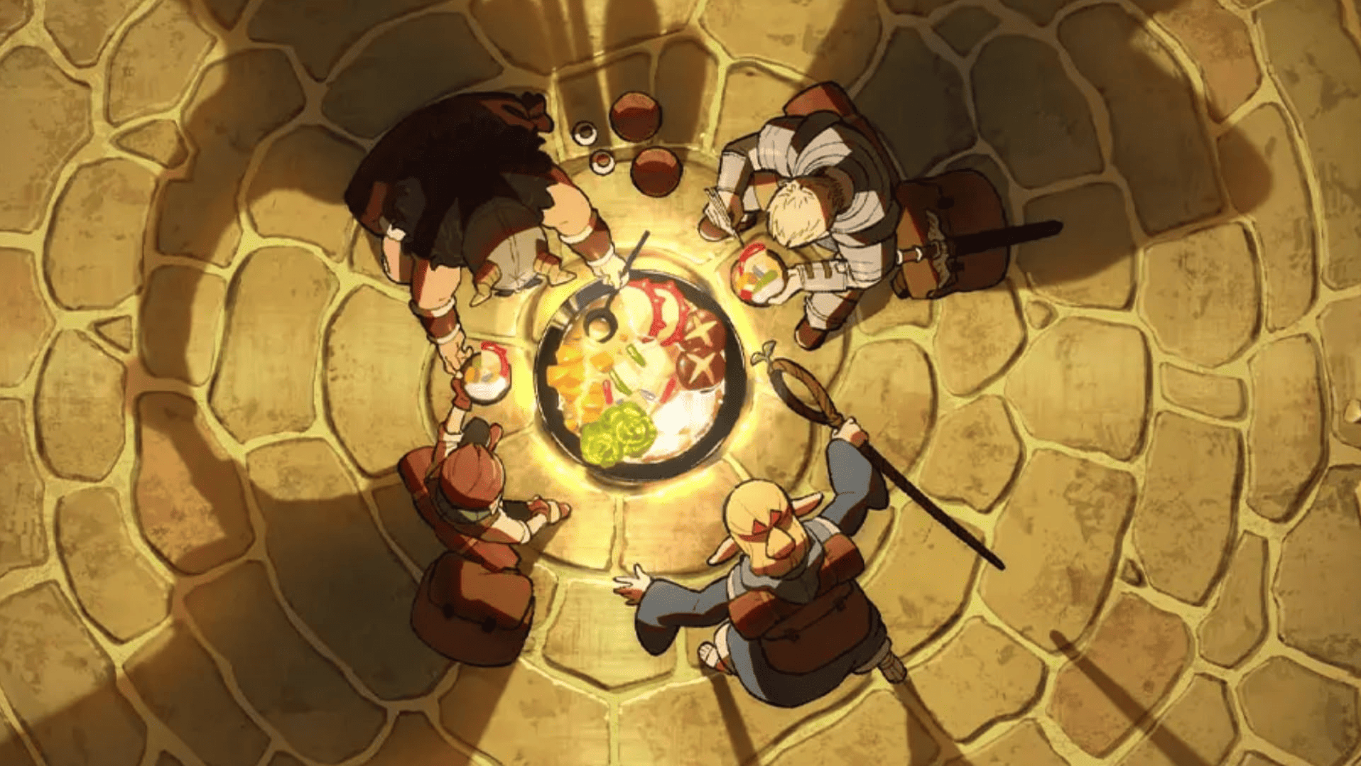 An animated party of adventures eats in a dungeon in this image from Trigger. 