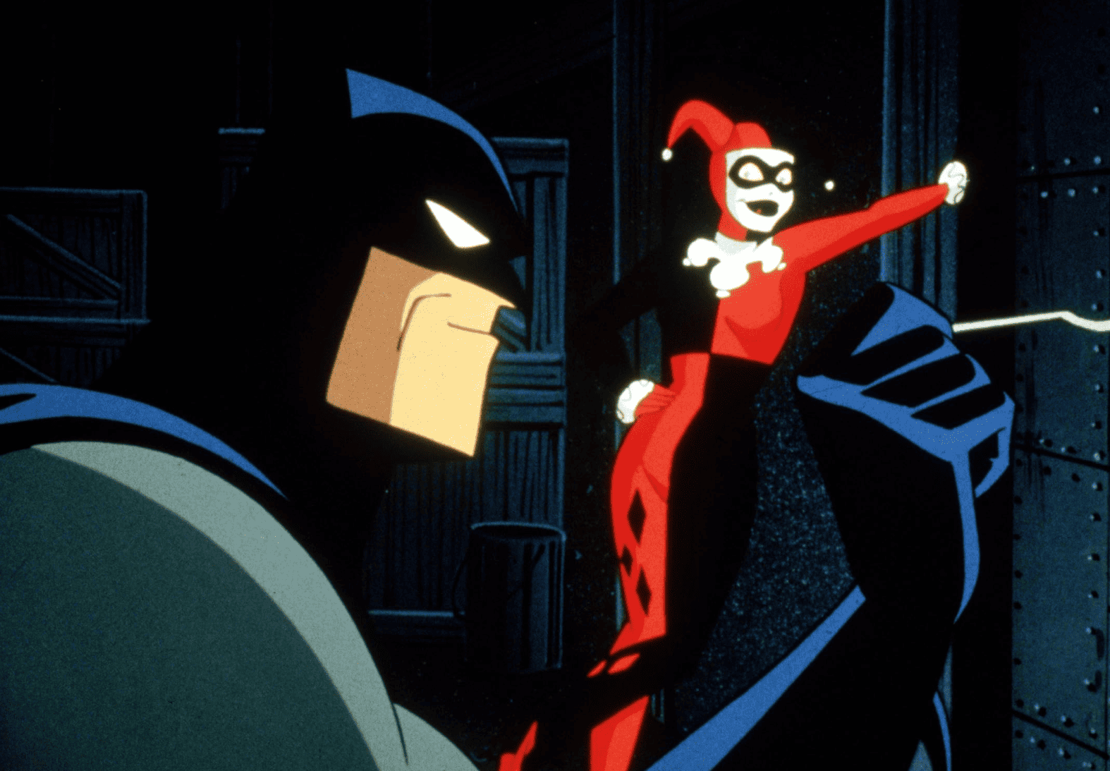 A caped hero and a clown in this image from Warner Bros. Animation.