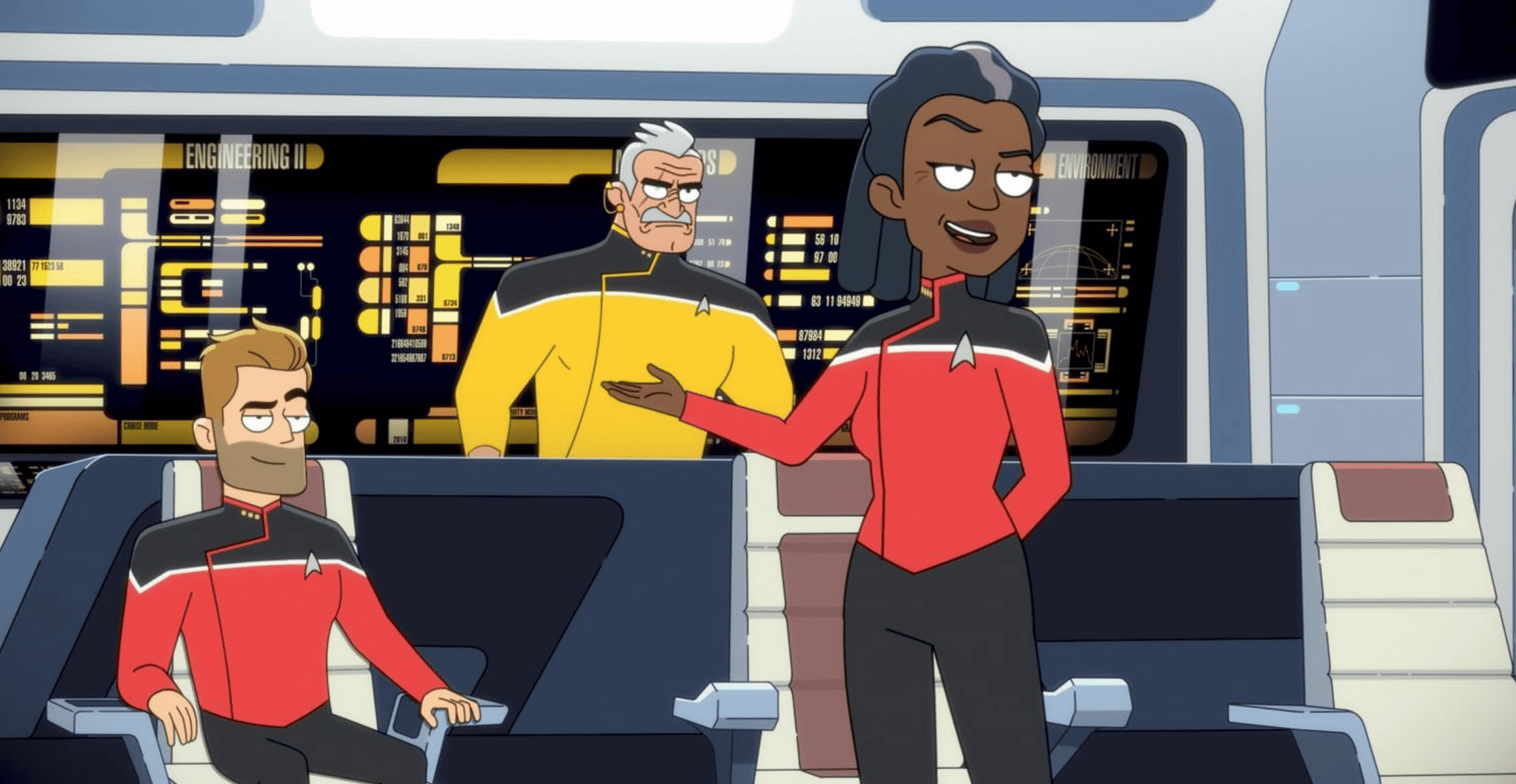 A spaceship crew commands from the bridge in this image from CBS Eye Animation Productions.