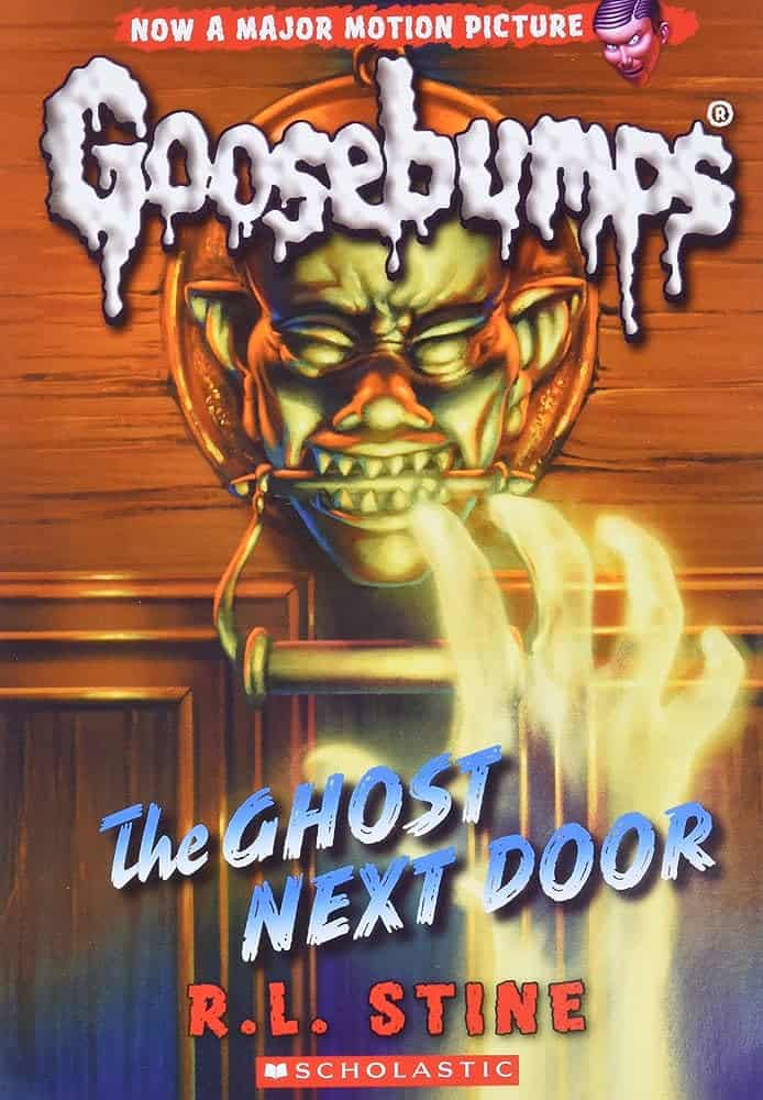 A book cover featuring a ghostly hand reaching for a knocker from Scholastic