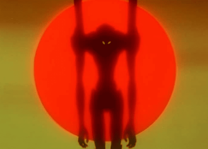 A giant robot walks with the sun to its back in this image from Gainax.