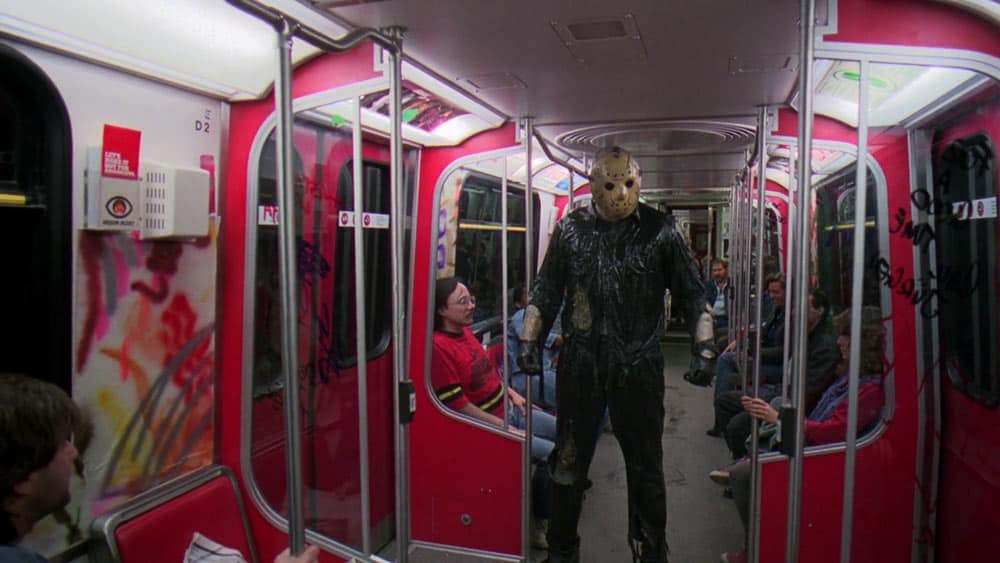 A hockey-masked killer prowls the New York subway in this photo from Horror Inc.