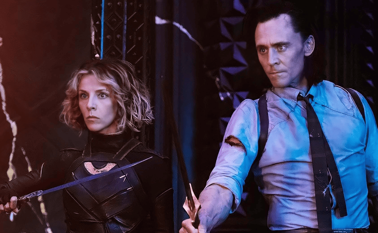 Sophia Di Martino as Sylvie and Tom Hiddleston as Loki in Loki.