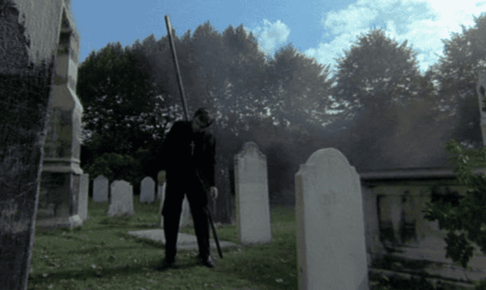  A man impaled in a graveyard in this image from Mace Neufeld Productions.