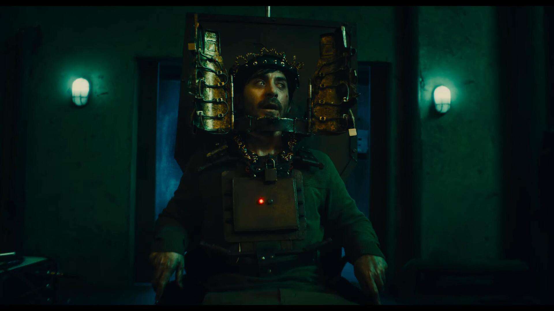 A man is strapped into a torture device in this photo from Twisted Pictures.