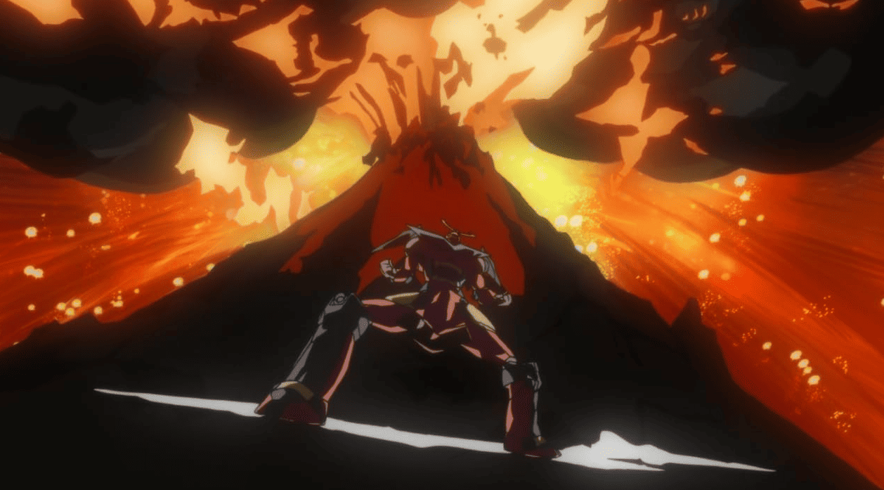 A robot stands in front of an erupting volcano in this image from Gainax.