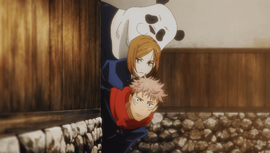 A panda, a teen girl, and a teen boy peek from behind a corner in this image from MAPPA. 