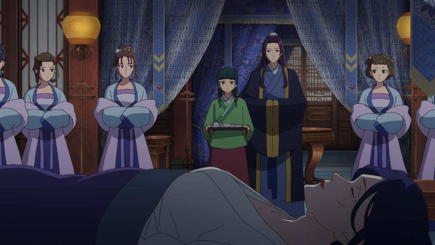 Servants stand in a room as they look at a sickly woman sleeping in bed in this image from OLM.