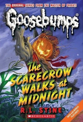A book cover featuring a jack-o’-lantern-headed scarecrow from Scholastic.