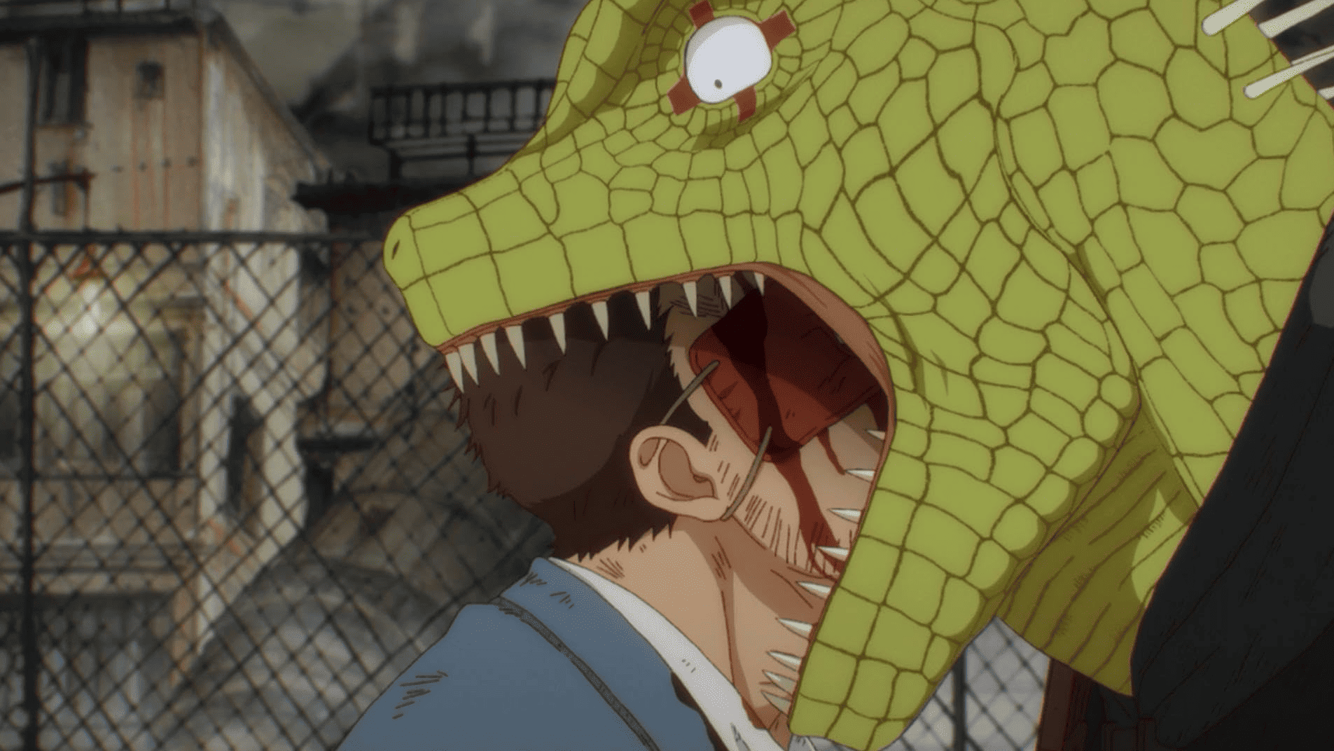 A lizard man eats another man in this image from MAPPA. 
