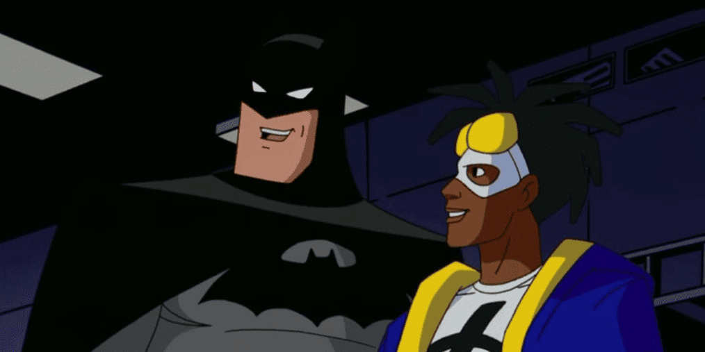 Two superheroes in this image from Warner Bros. Animation