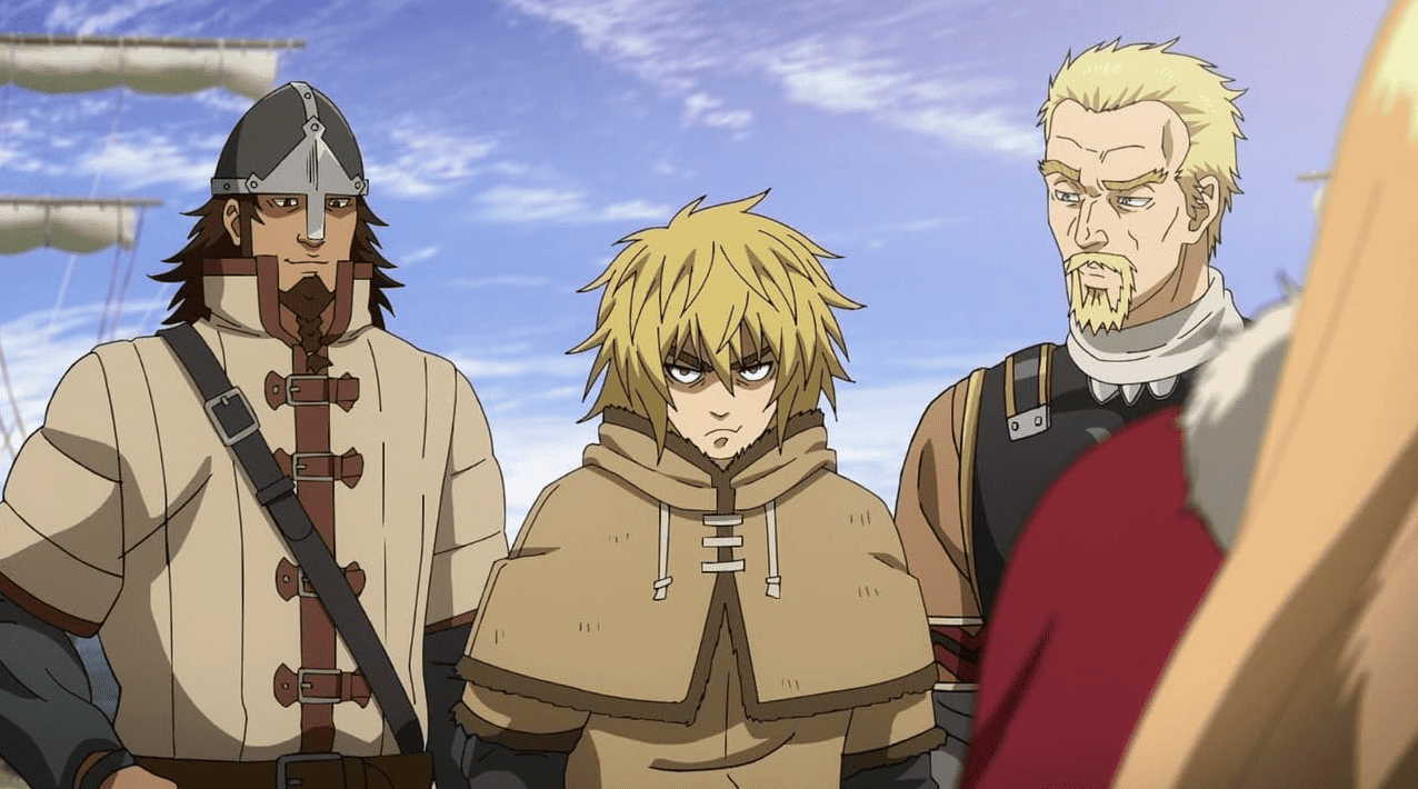 A trio of men stand beside each other in this image from Wit Studio / MAPPA.