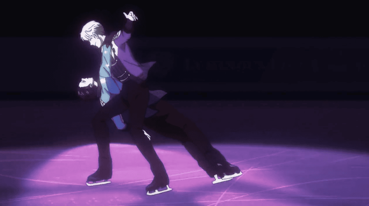 Two men figure skate in this image from MAPPA