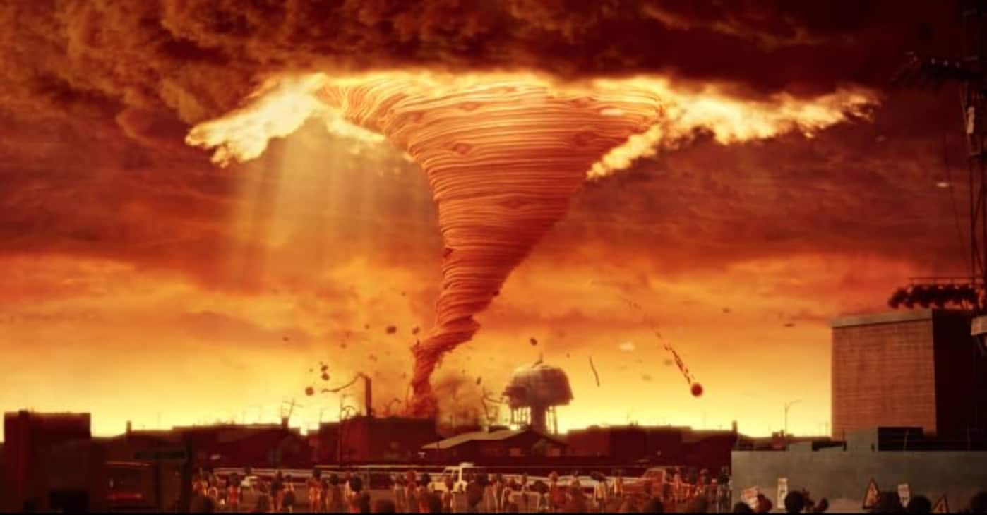  A tornado made of spaghetti and meatballs moves across the horizon in this image from Columbia Pictures.