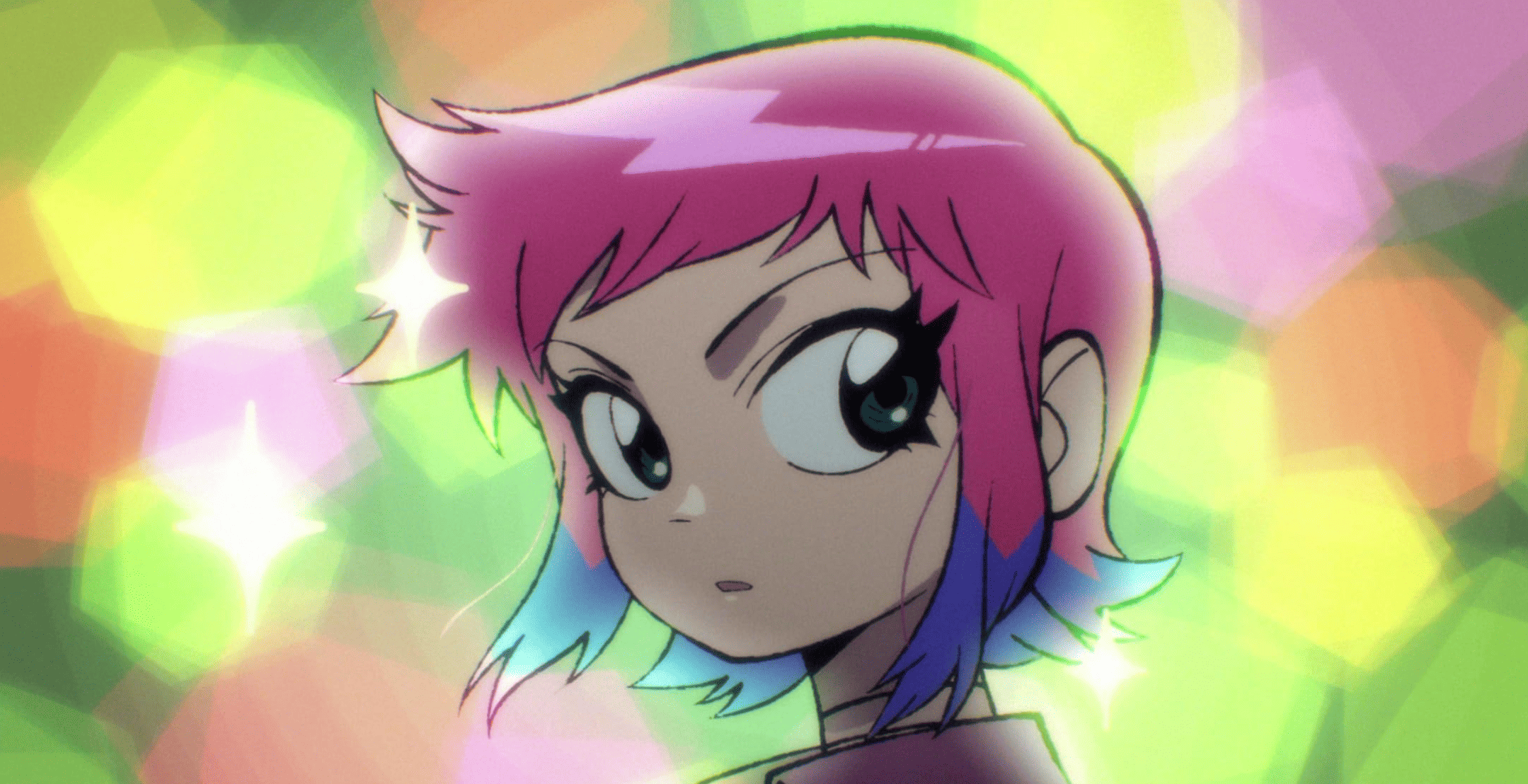 A woman with pink hair and blue highlights in this animated image from Marc Platt Productions. 
