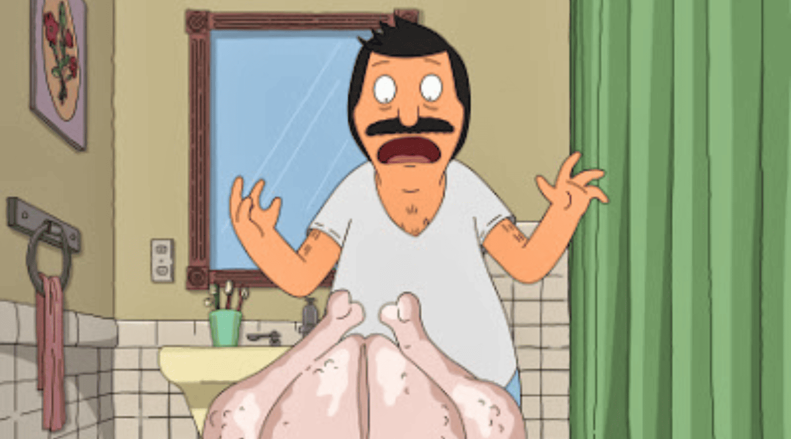 An animated man stands over a turkey in a bathroom in this image from Wilo Productions/Buck & Millie Productions.