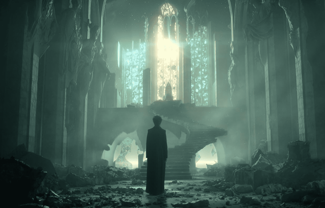  A silhouette of a man inside a broken temple in this image from Warner Bros. Television.