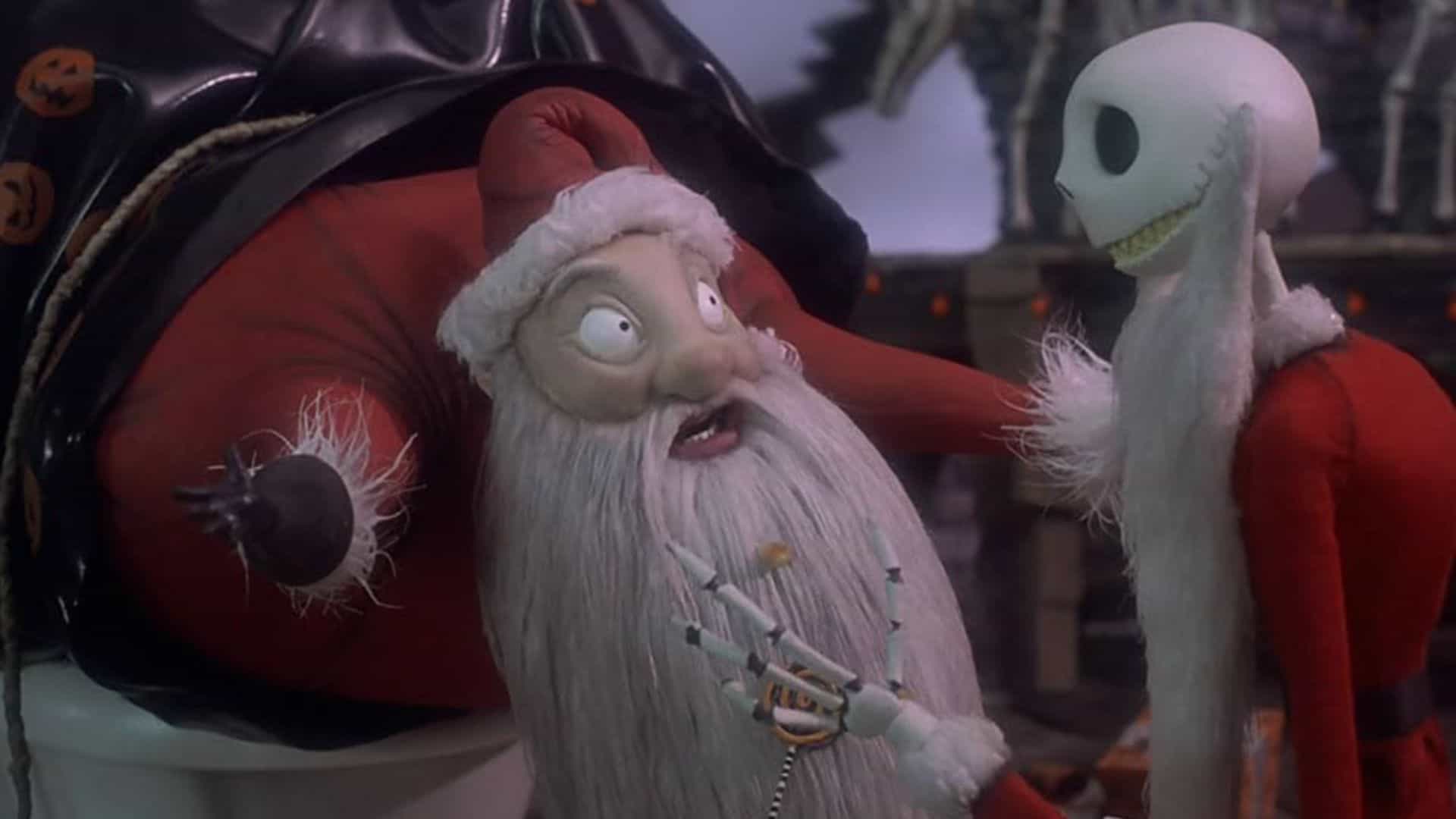Jack Skellington talks with Santa Claus in this image from Touchstone Pictures.