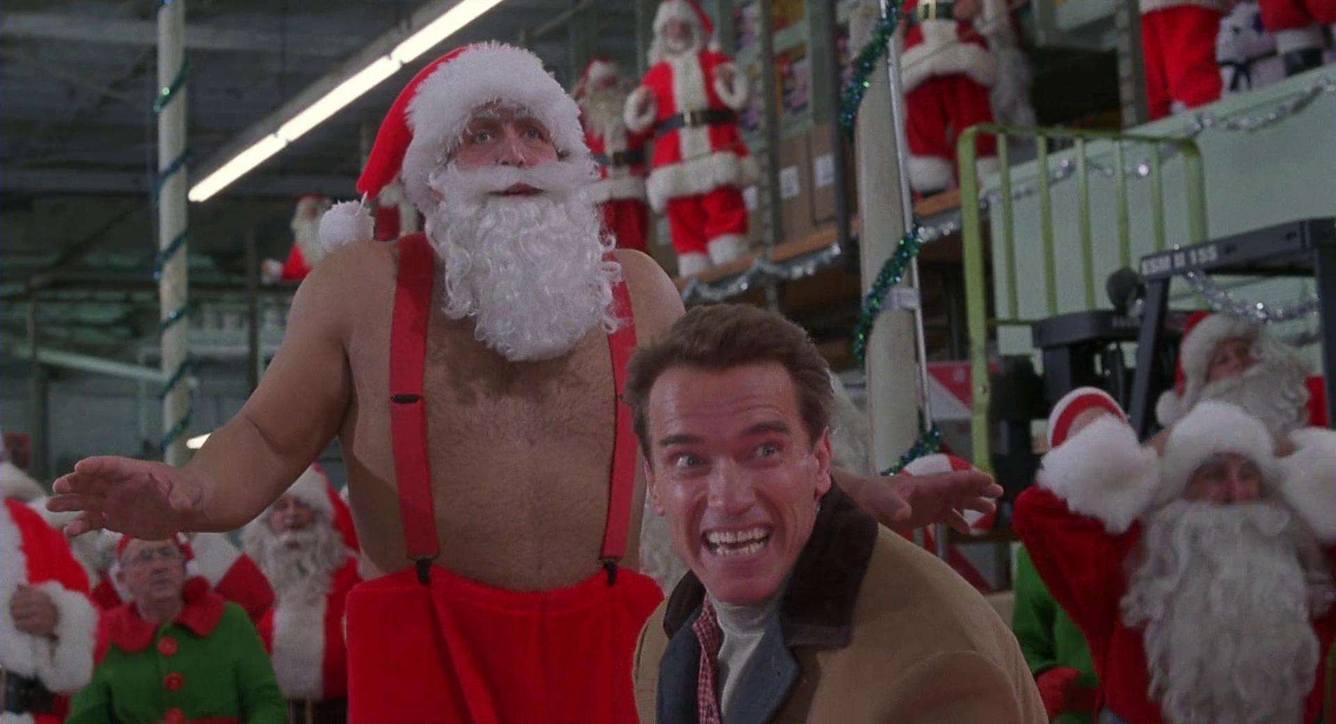 Arnold Schwarzenegger and a topless Santa in a store in this image from 1492 Pictures.