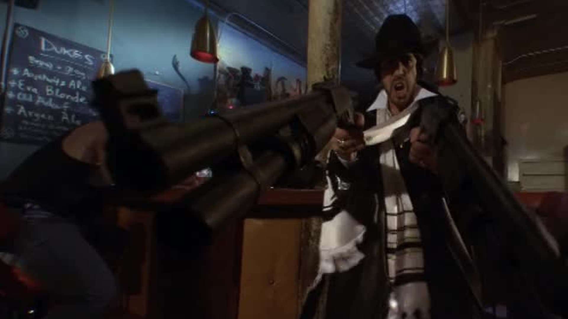 A man dressed in religious garb points a machine gun in this photo from Intrinsic Value Films.