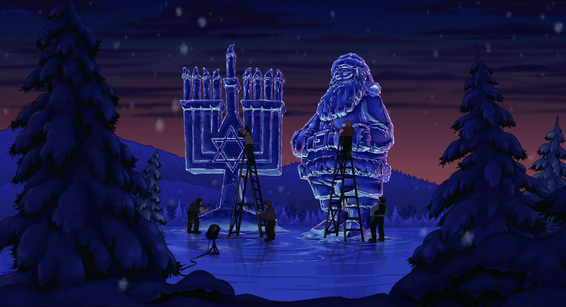 Workers create Santa Claus and menorah ice sculptures in this photo from Happy Madison Productions.