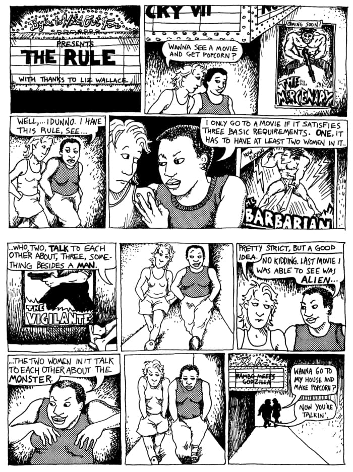  A comic strip from Dykes to Watch Out For depicting two women discussing female representation in film.