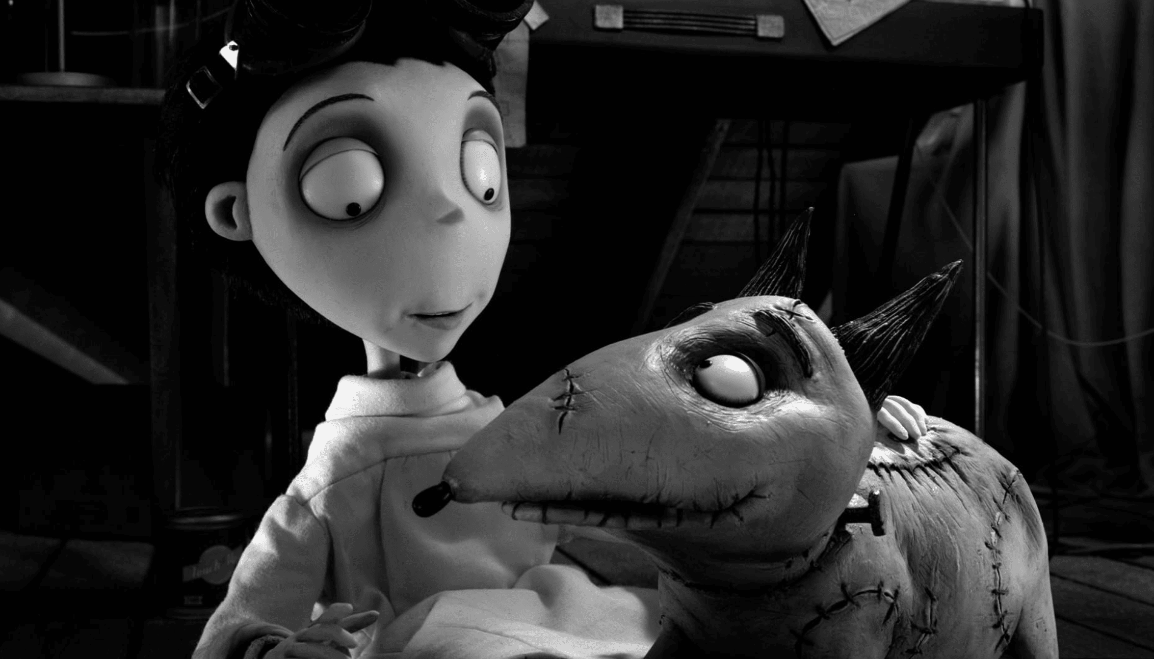 A young boy smiles at his resurrected dog in this image from Tim Burton Productions.