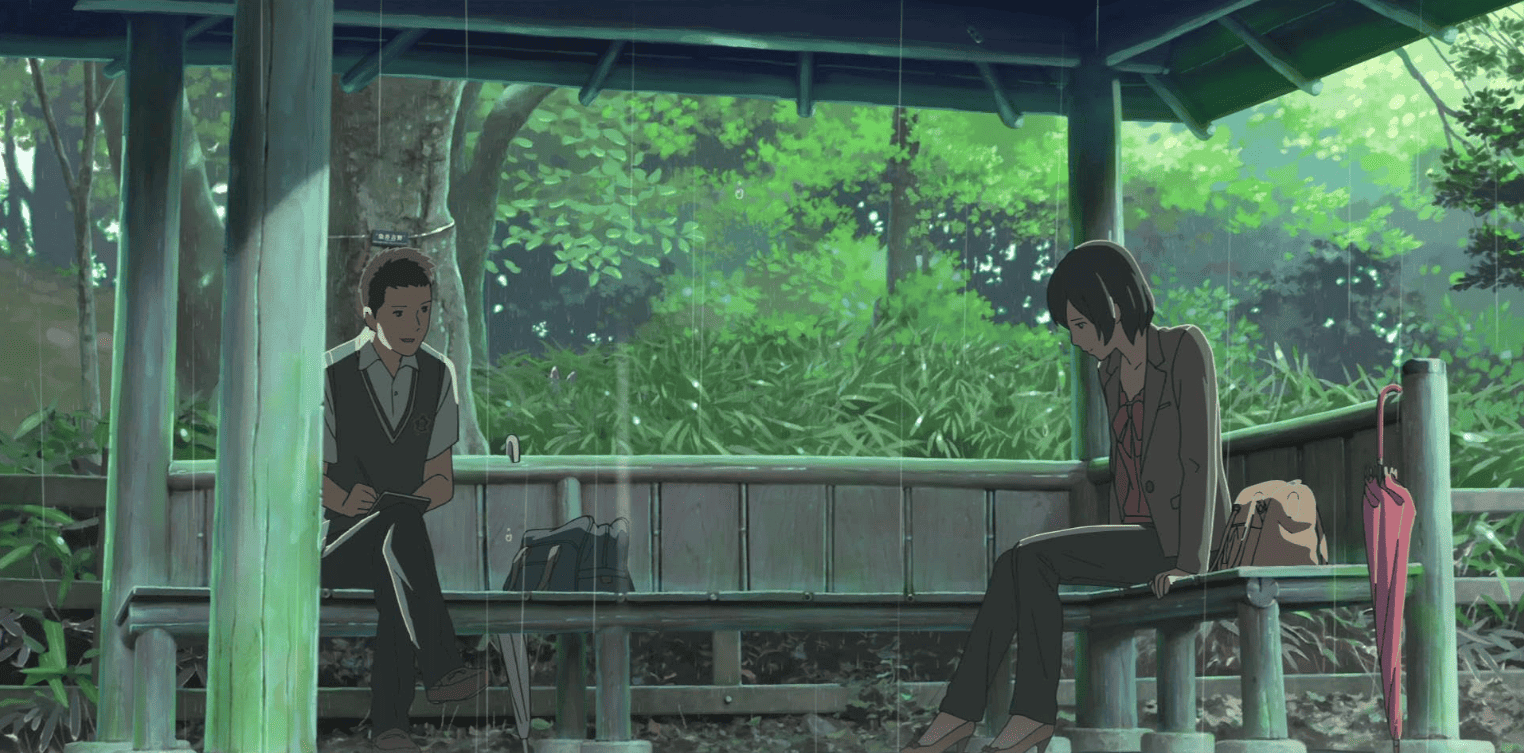 A boy and a woman sit in the park in this image from CoMix Wave Films.