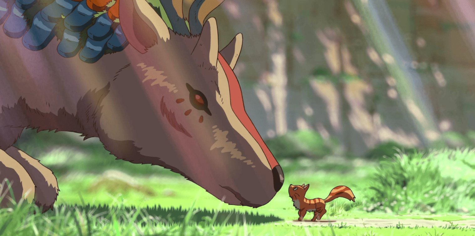A mythical elk smells a cat in this image from CoMix Wave Films.