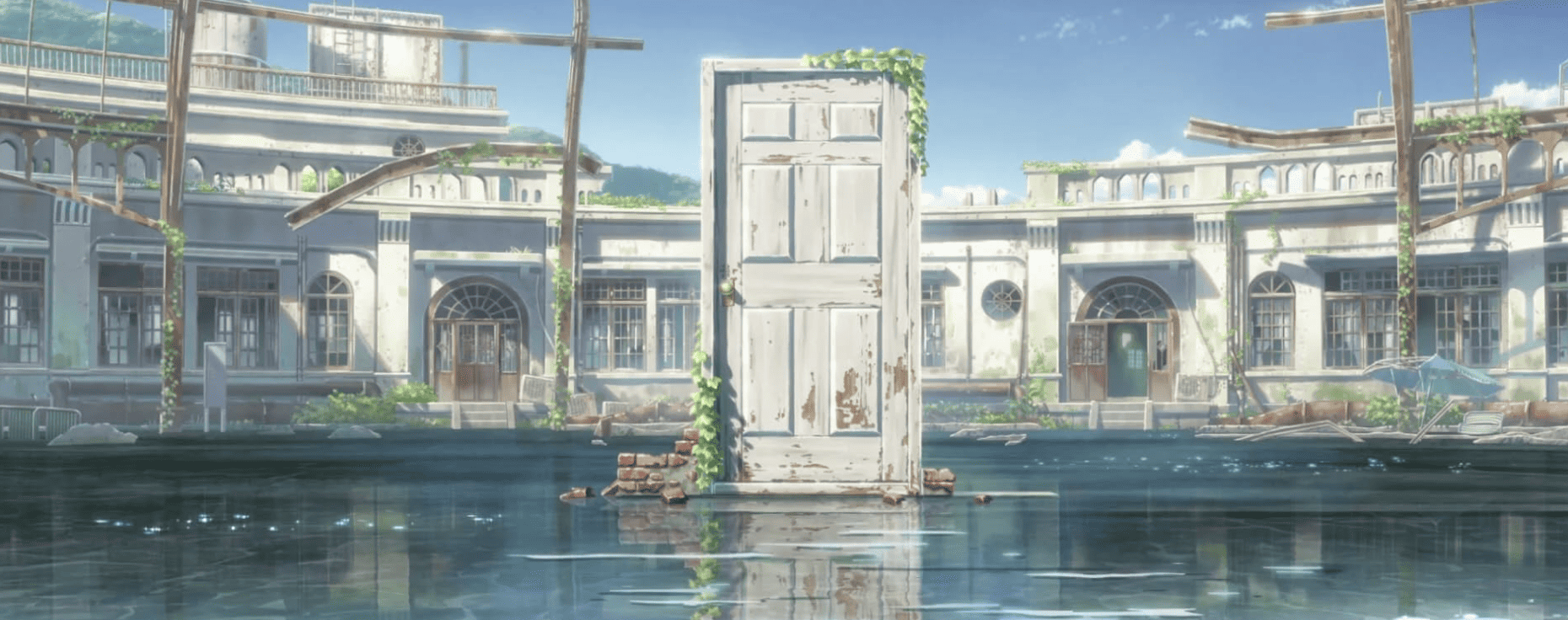 A door sits in a large pond in this image from CoMix Wave Films. 
