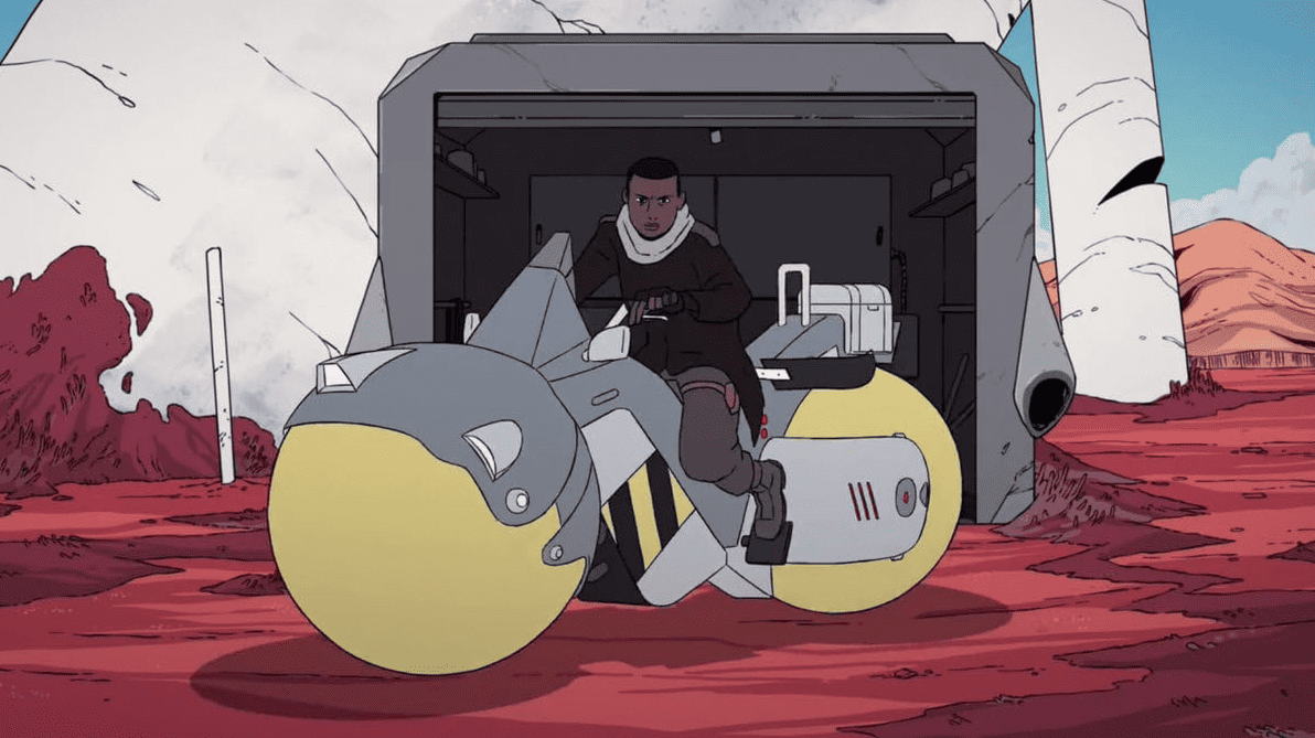 An animated woman on a futuristic bike in this image from Titmouse, Inc.