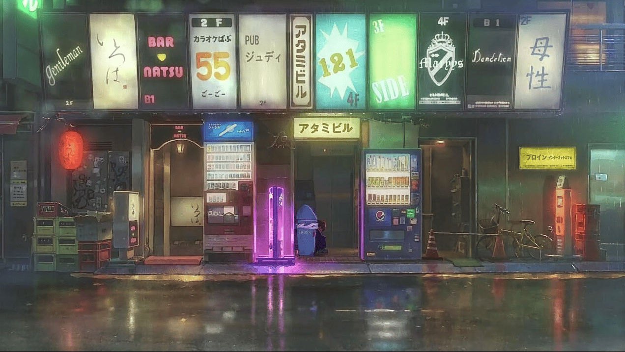 An animated shot of a Tokyo street at night in this image from CoMix Wave Films