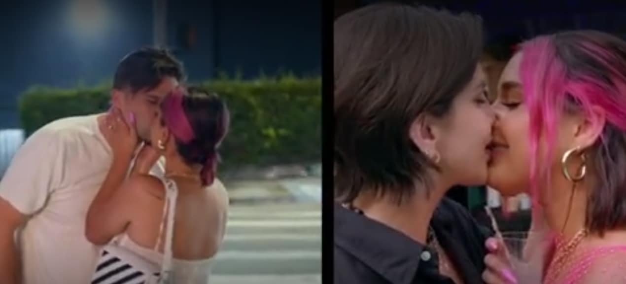 A man and woman both kiss the same girl in side by side images from Evolution Media.