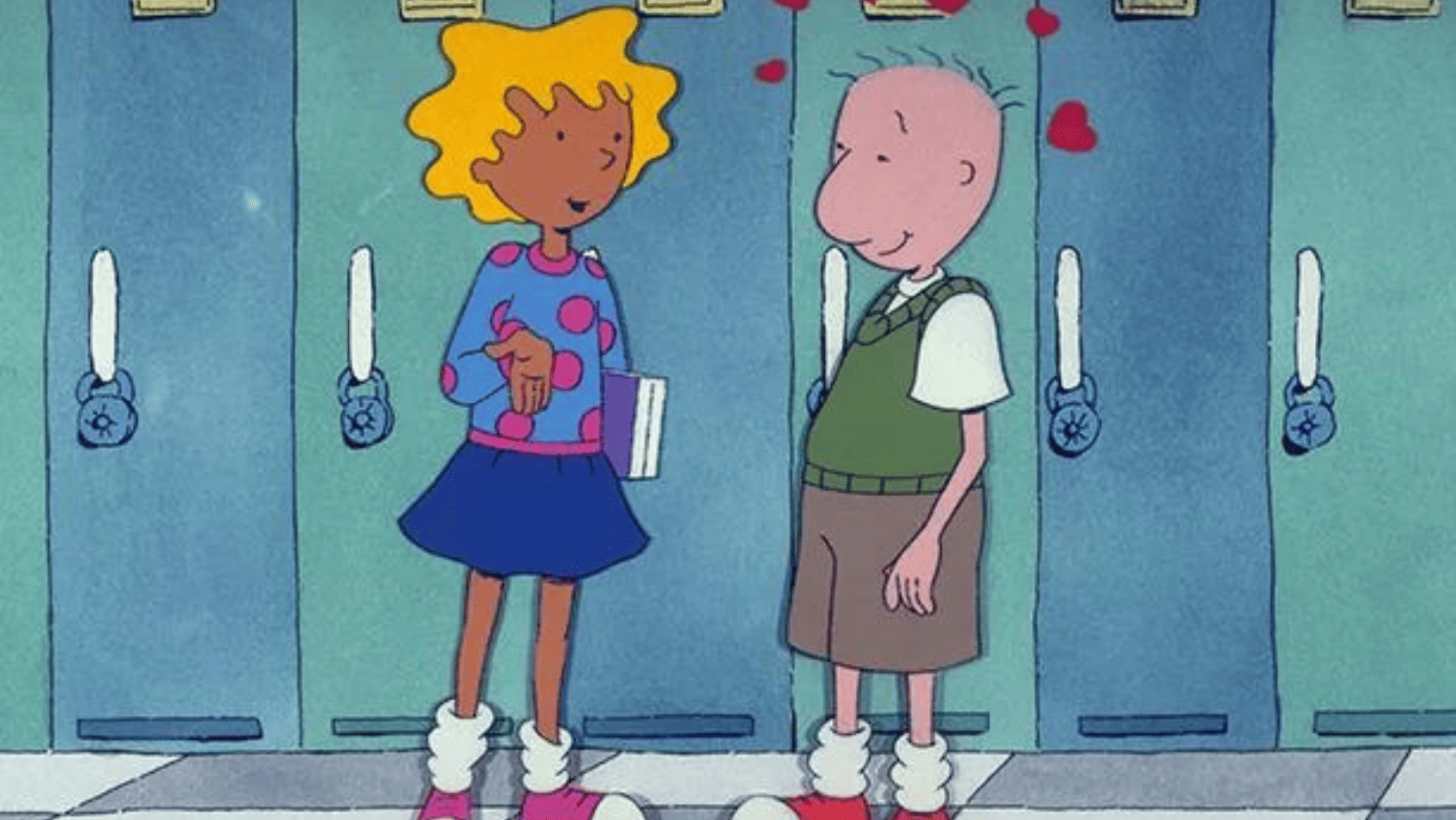 A young animated couple stands in front of lockers in this image from Jumbo Pictures.