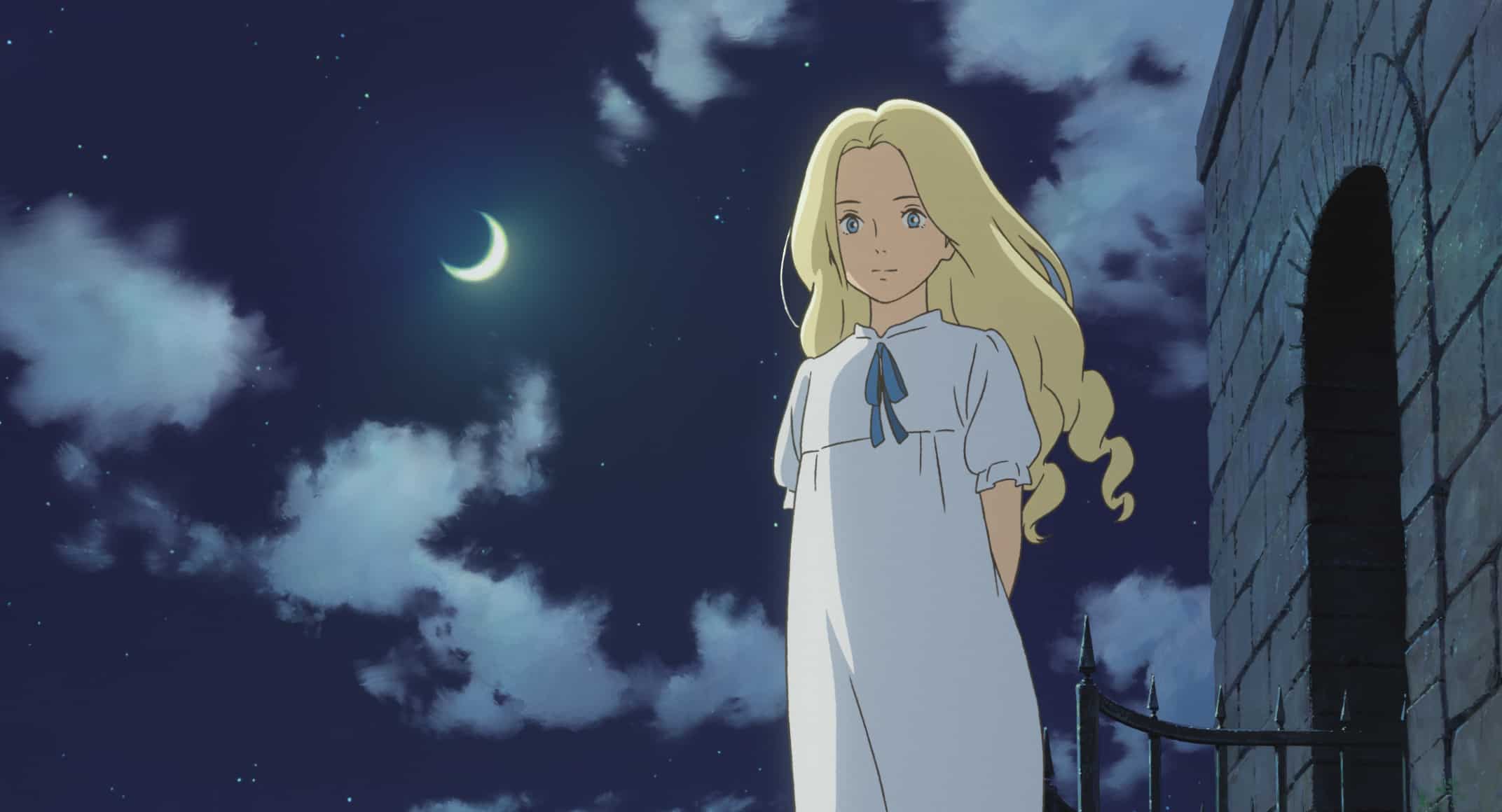 A blonde anime girl stands outside in the moonlight in this image from Studio Ghibli.