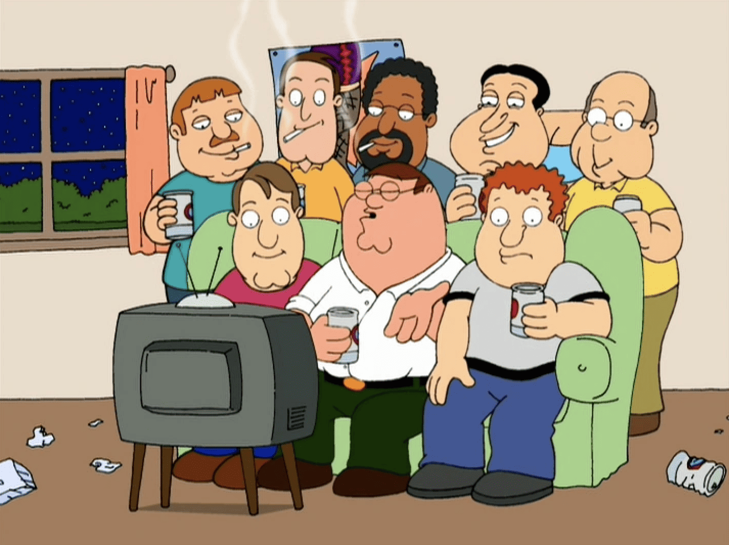 A group of animated men drink beer and watch TV in this image from Fuzzy Door Productions.