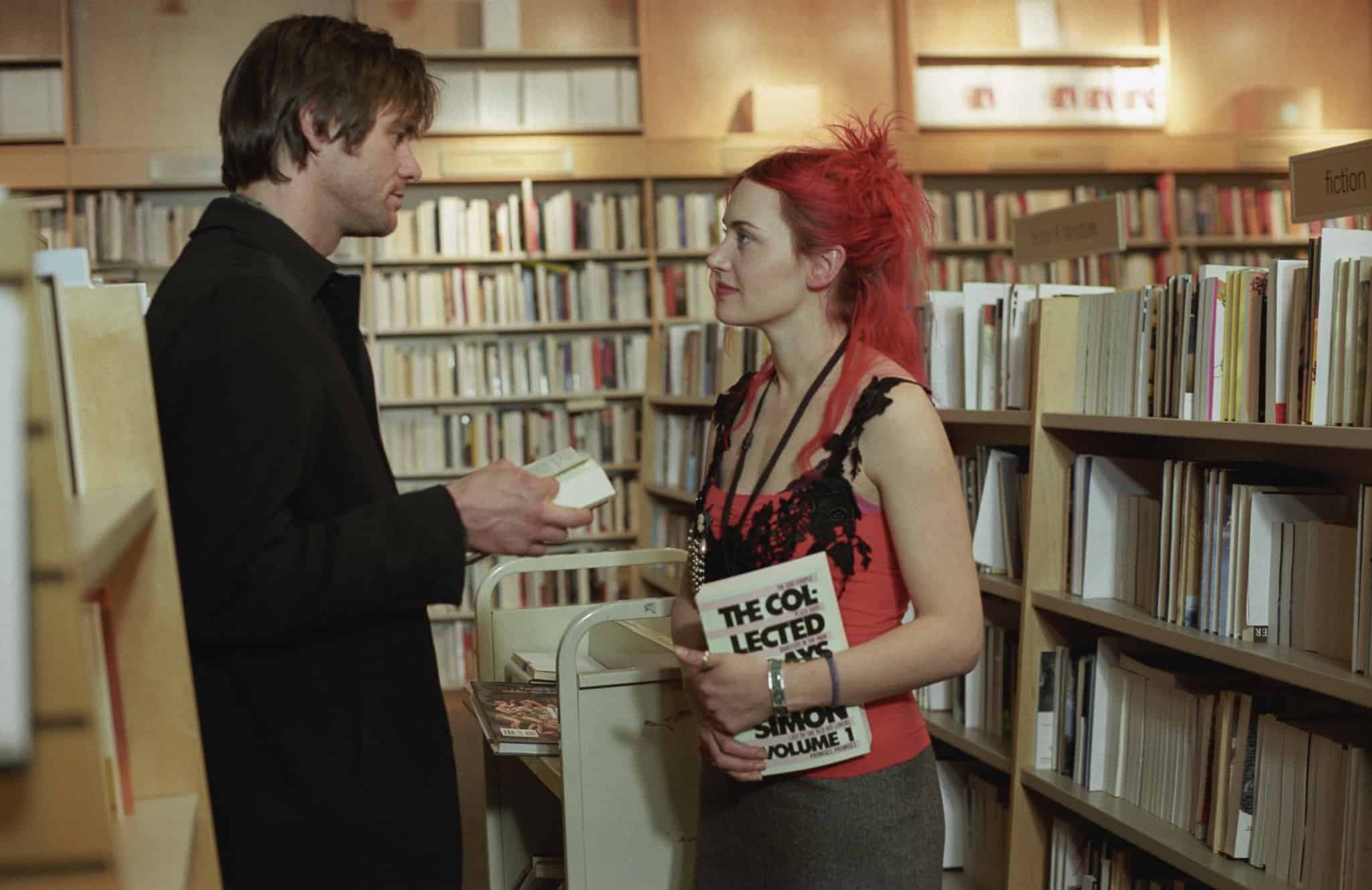 A man talks to a punk woman in a bookstore in this image from Anonymous Content.