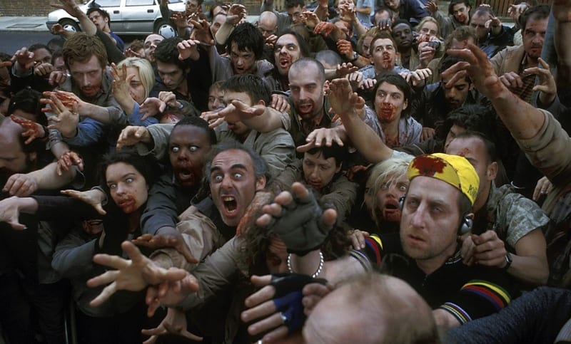 A crowd of bloodied zombies surges forward in this image from StudioCanal.