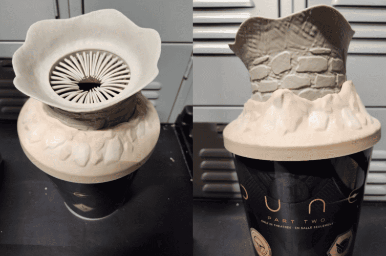 Two images of the “Dune” popcorn bucket with the worm head in this image from Reddit user RJamieLanga.