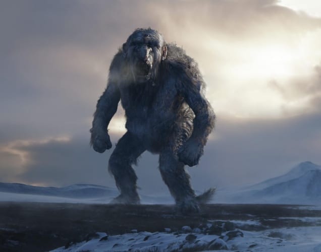 A troll stands and roars in the snow in this image from Filmkameratene A/S.