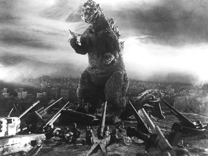 A giant monster attacks the army in this image from Toho Studios.