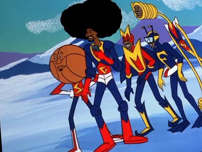 A group of animated Globetrotters stands together outdoors in this image from Hanna-Barbera Productions.