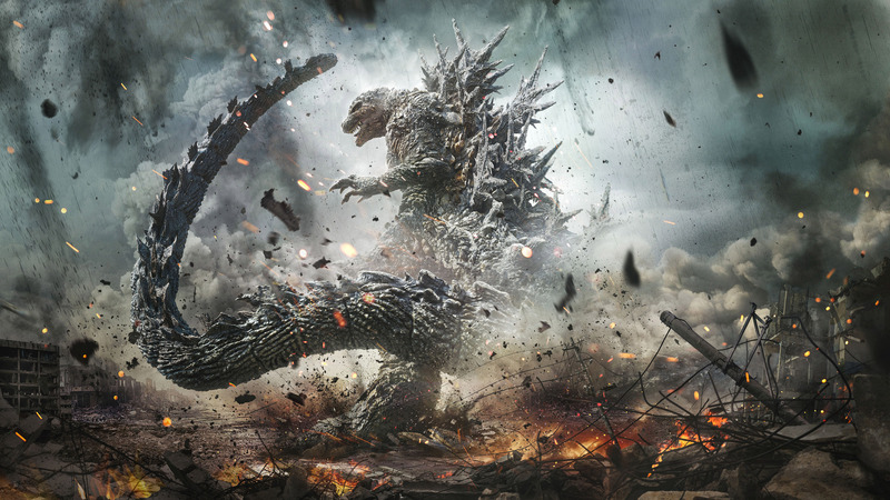 A giant monster destroys a city in this image from Toho Studios.